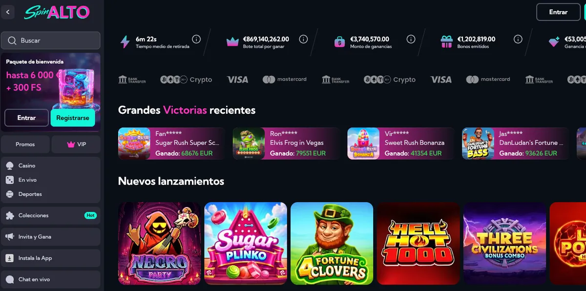 Portada de Spinalto con su bono de hasta 1.000 € y 250 giros gratis